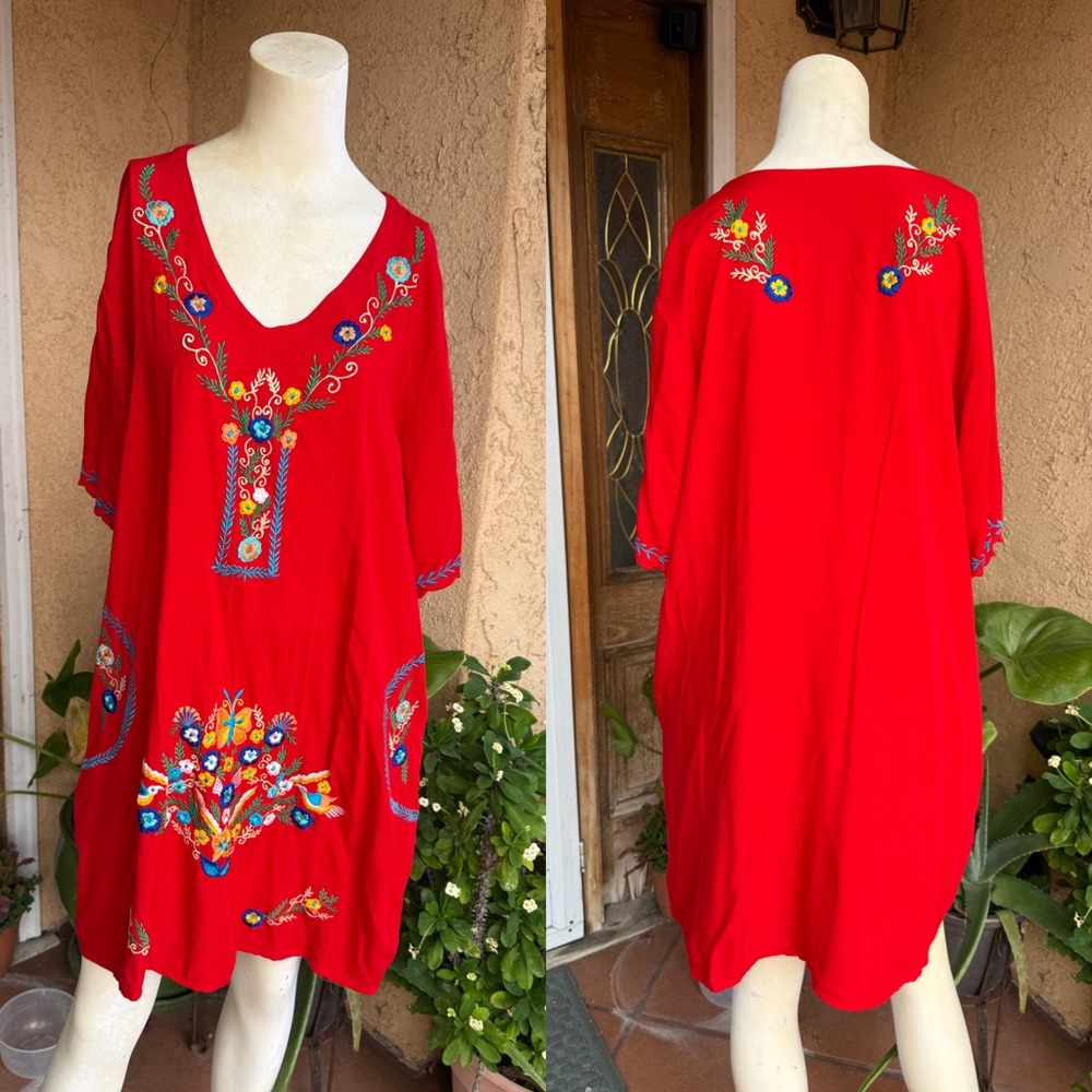 Back from Bali Red Embroidered Kaftan Dress LARGE